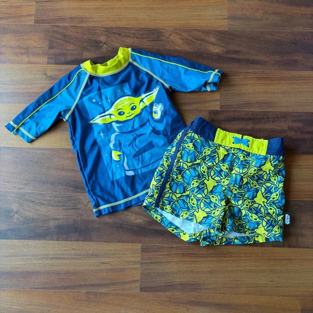 Disney Star Wars Grogu Baby Yoda Rash Guard and Swim Trunks Set Blue‎ Lime Kids